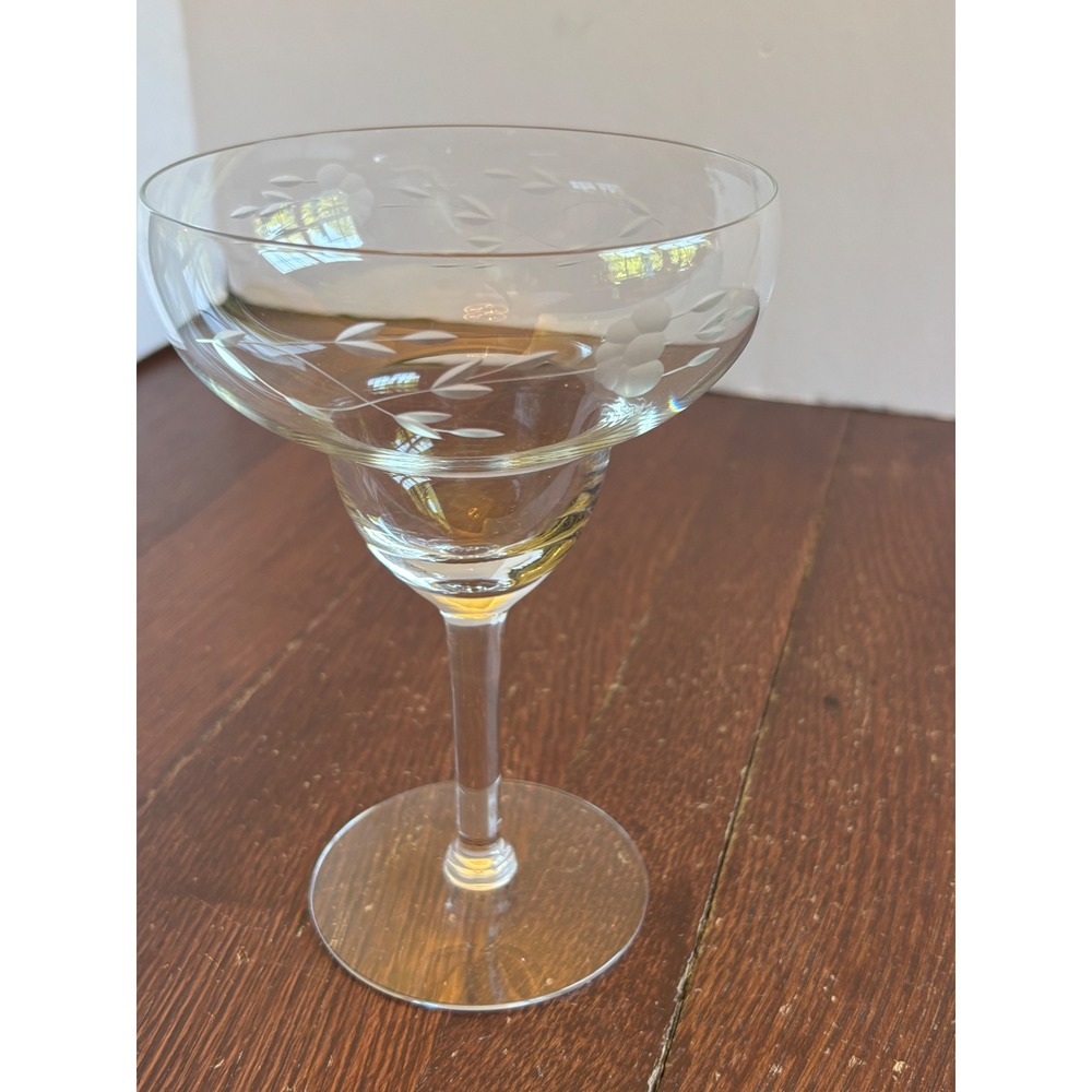 Princess House Heritage Etched Floral Margarita Glass Crystal Stemware‎ 7 inch
